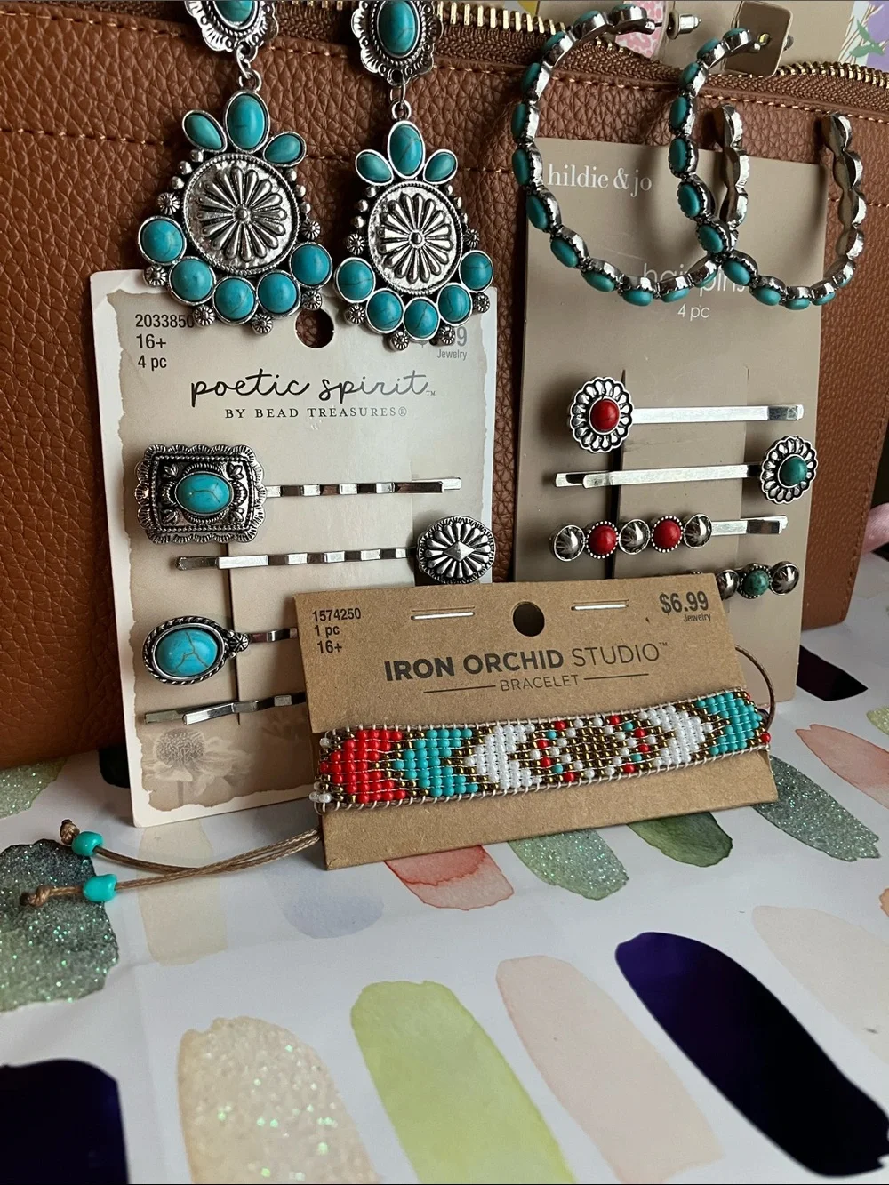 Turquoise &Silver-Tone Earring Set, 8 Unique Hair Pins, Bracelet& Bead Jewelry